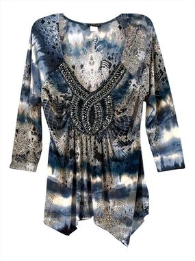 Venus Blue Tie Dye Beaded Rhinestone Studded Neckline 3/4 Sleeve Top Size L